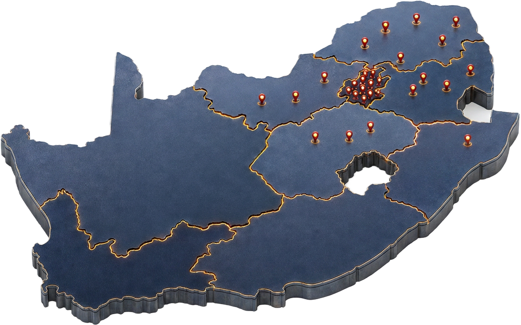 Map of South Africa showing Welvaart Electrical's service coverage, with most work concentrated in Gauteng